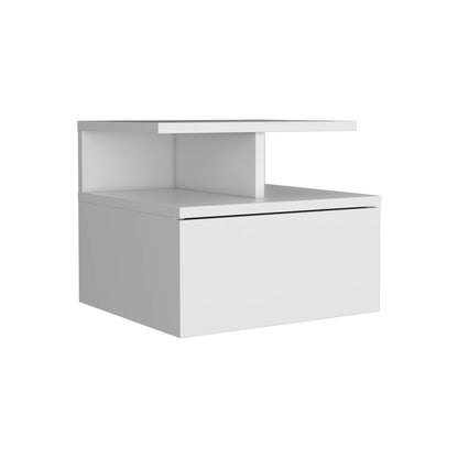 Floating Nightstand Wall Mounted With Single Drawer And 2 Tier Shelf - White