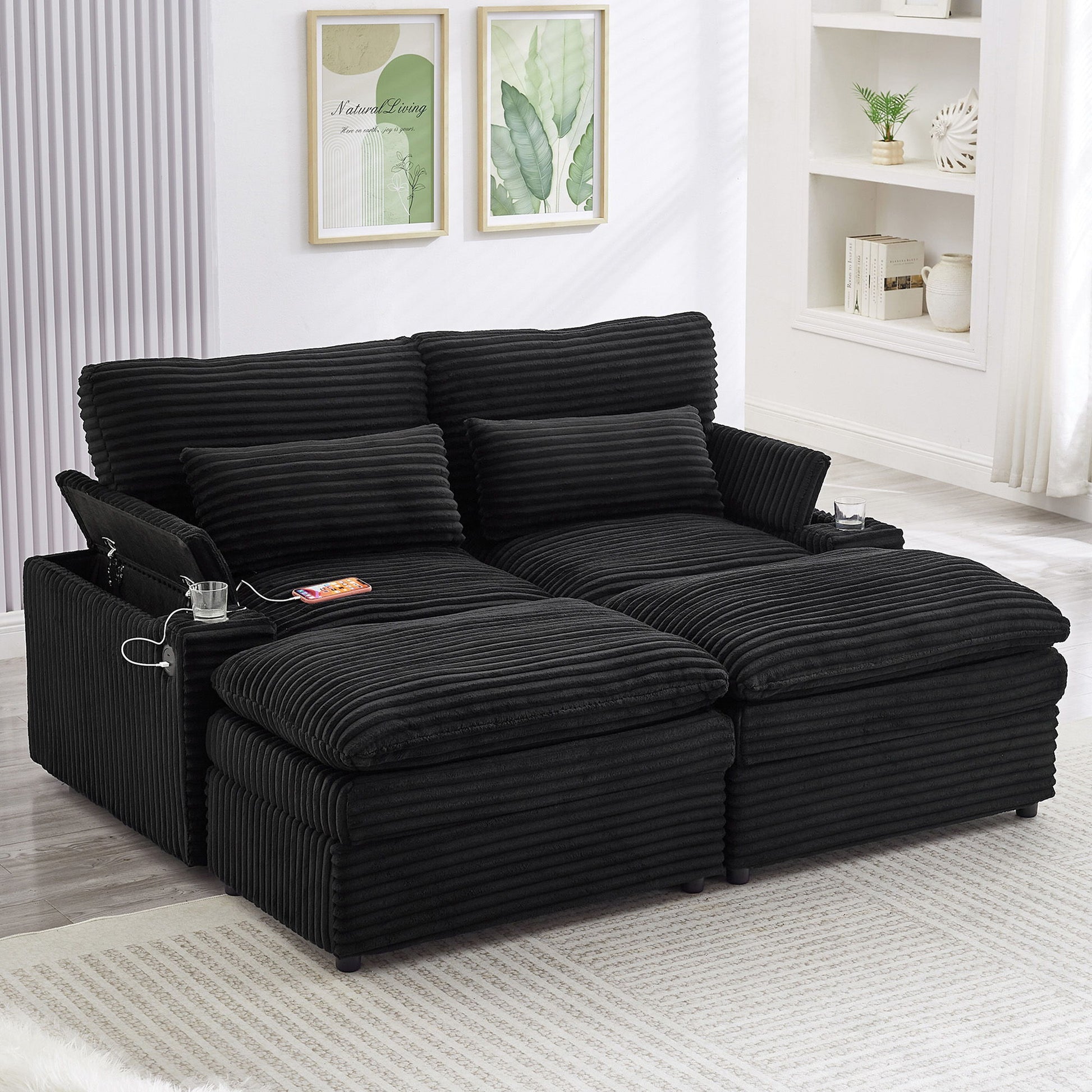 Convertible Loveseat Sofa With Storage, USB Ports, Cup Holders Hearth and Haven