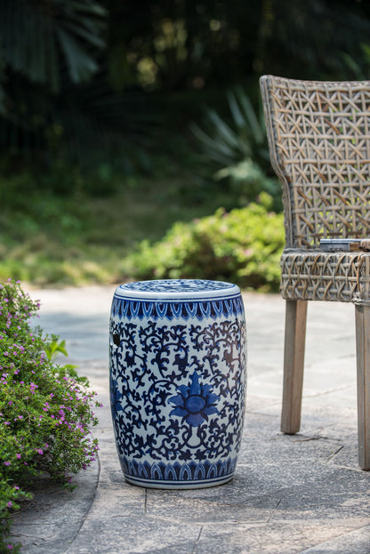 Ceramic Garden Stool, Small Side Tabel - White / Blue Home Essentials