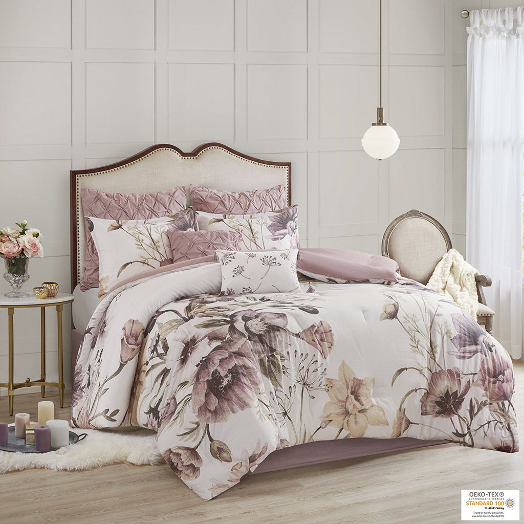 Cassandra - King 8 Piece Printed Comforter Set - Blush