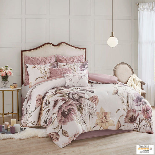 Cassandra - Queen 8 Piece Printed Comforter Set - Blush