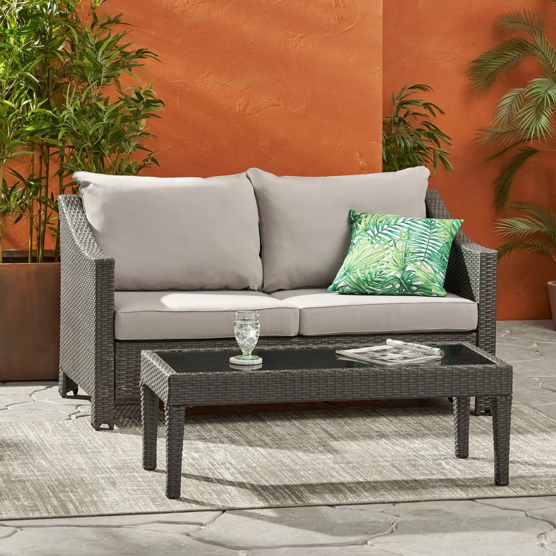 Contemporary Antibes Loveseat & Table Set Outdoor - Gray Noble House