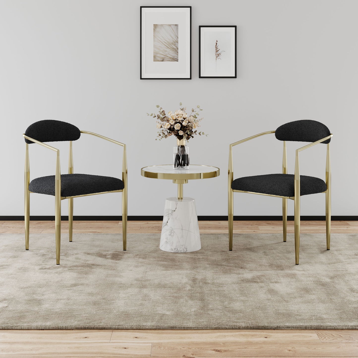 Dining Chairs (Set of 2), Mid-Century Modern Dining Chairs, Kitchen Dining Room Chairs, Round Boucle Backrest Sherpa Dining Chair With Metal Legs Home Essentials