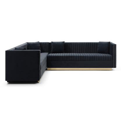 Contemporary Vertical Channel Tufted Velvet Sectional Sofa For Living Room With 4 Pillows