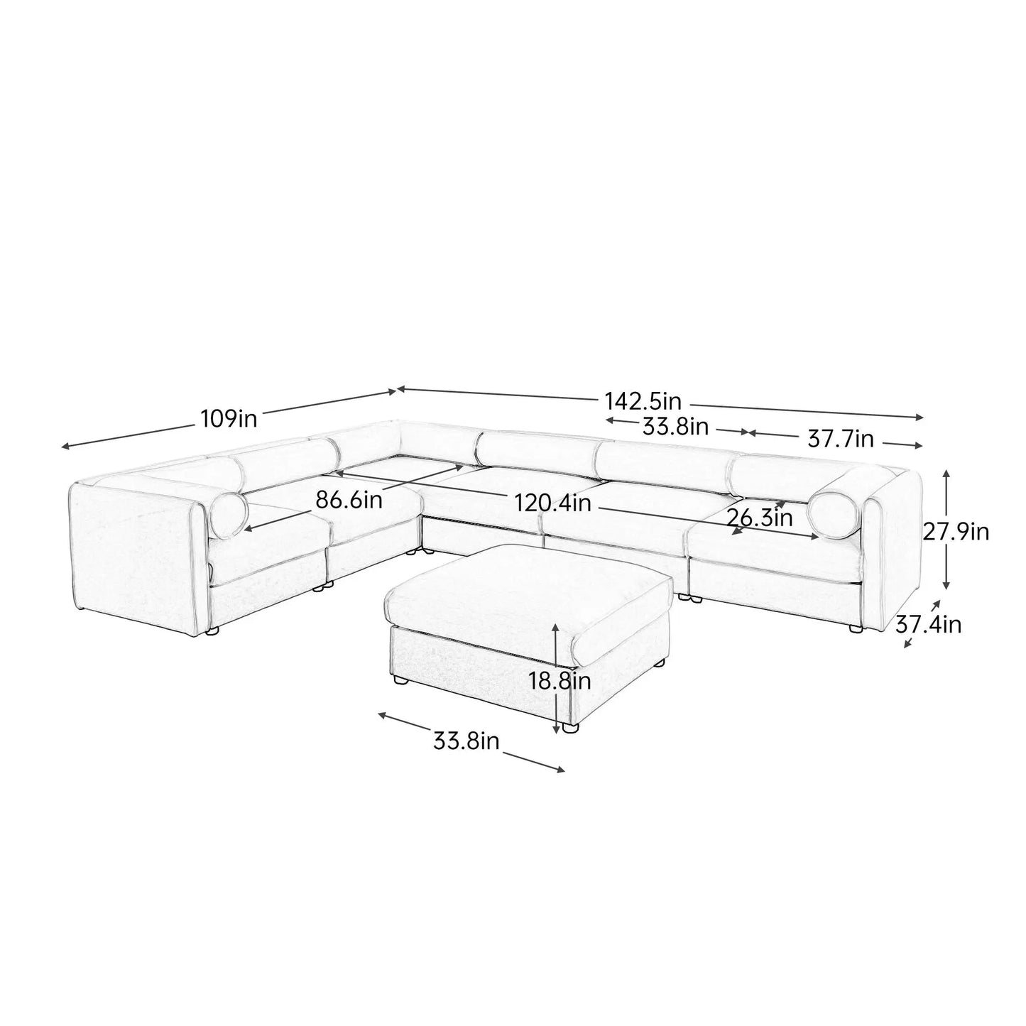 Contemporary Elegant White Chenille Sofa With Storage And Ottoman Home Essentials