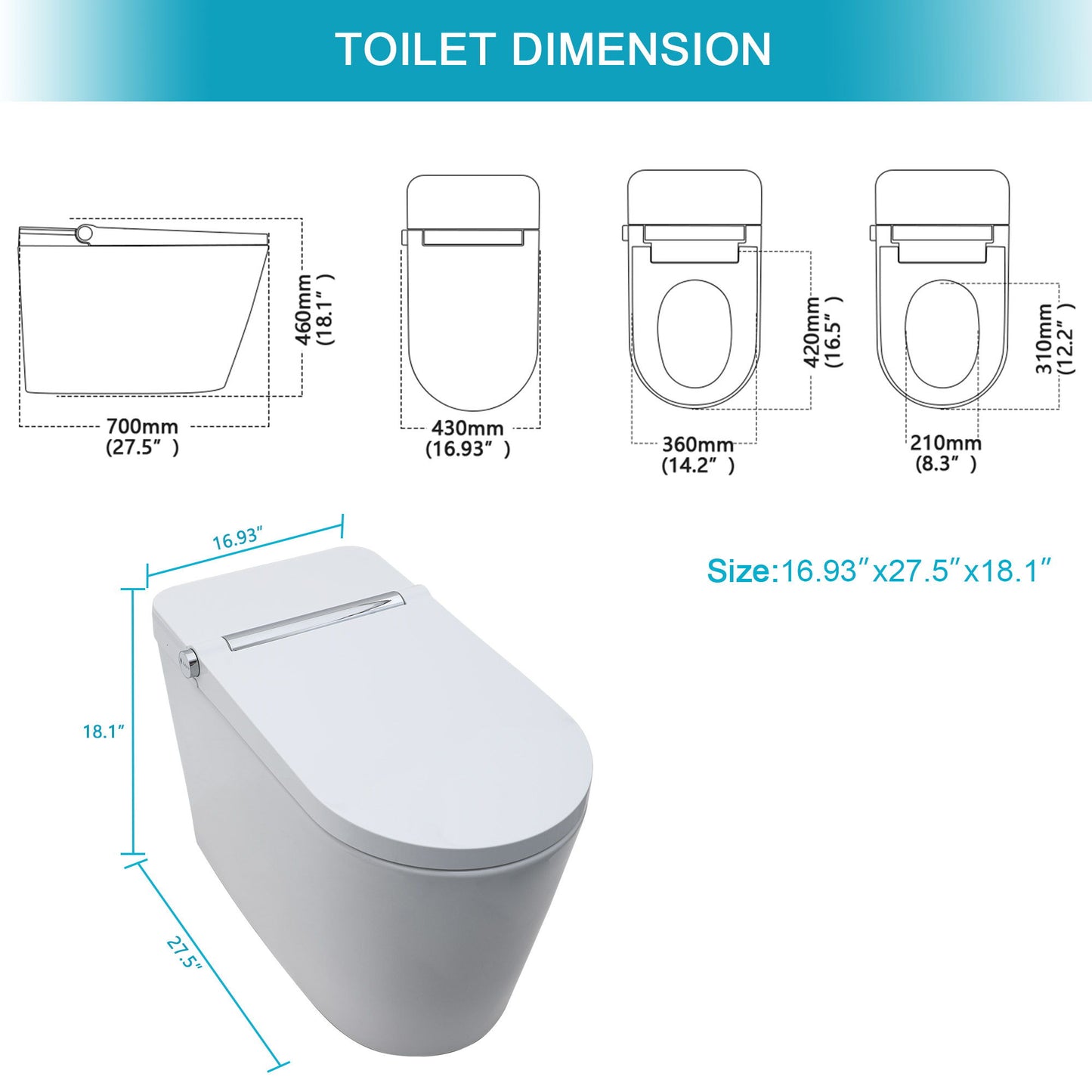 Smart Toilet With Bidet Built In, Auto Open & Close, Elongated Heated Seat, Foot Sensor Flush, LED Display, Warm Water Wash - White Daily Nest