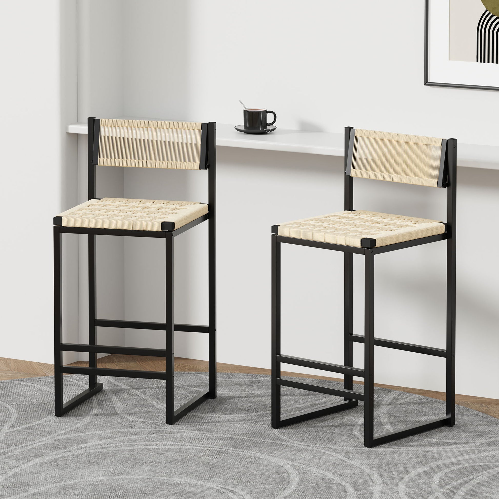 Style B, Woven Bar Stools With Backrest, Paper Rope Weave Dining Chairs For Kitchen Island - Creamy White Home Essentials