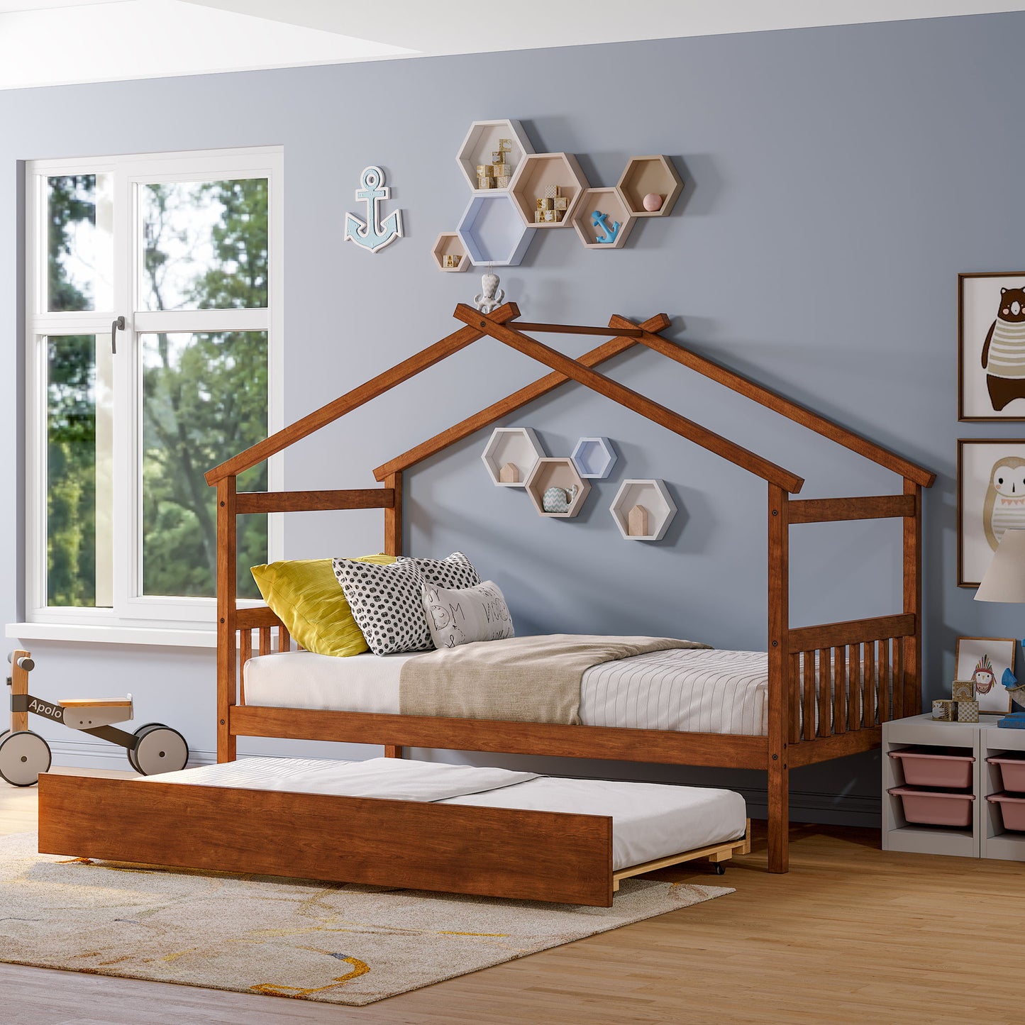 Wooden House Bed With Twin Size Trundle