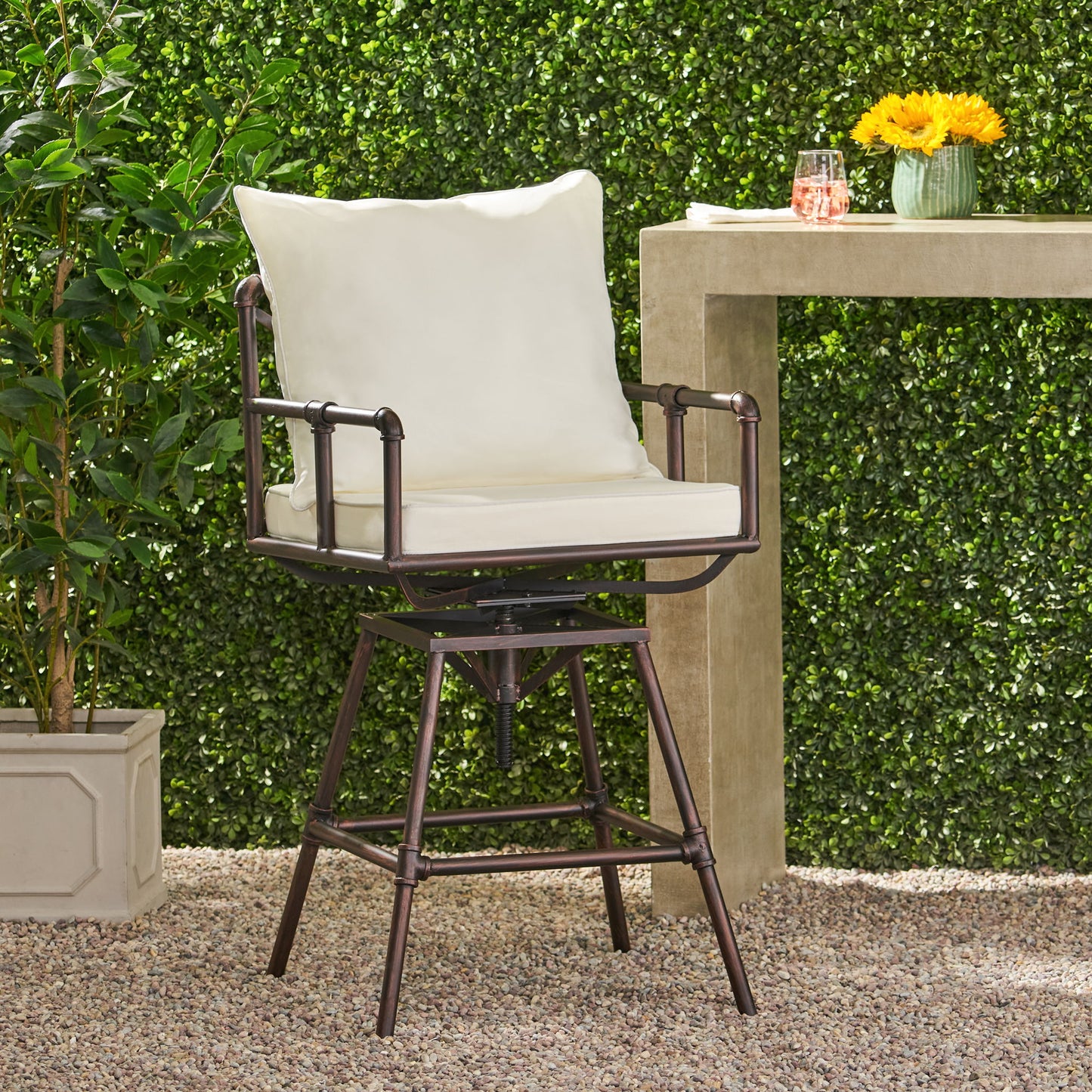Industrial Outdoor Patio Plumber's Iron Frame Swivel Barstool With Cushions, Height Adjustable Noble House