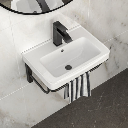 Wall Mounted Rectangular Bathroom Sink With 304 Stainless Steel Towel Bar & Overflow - White Daily Nest