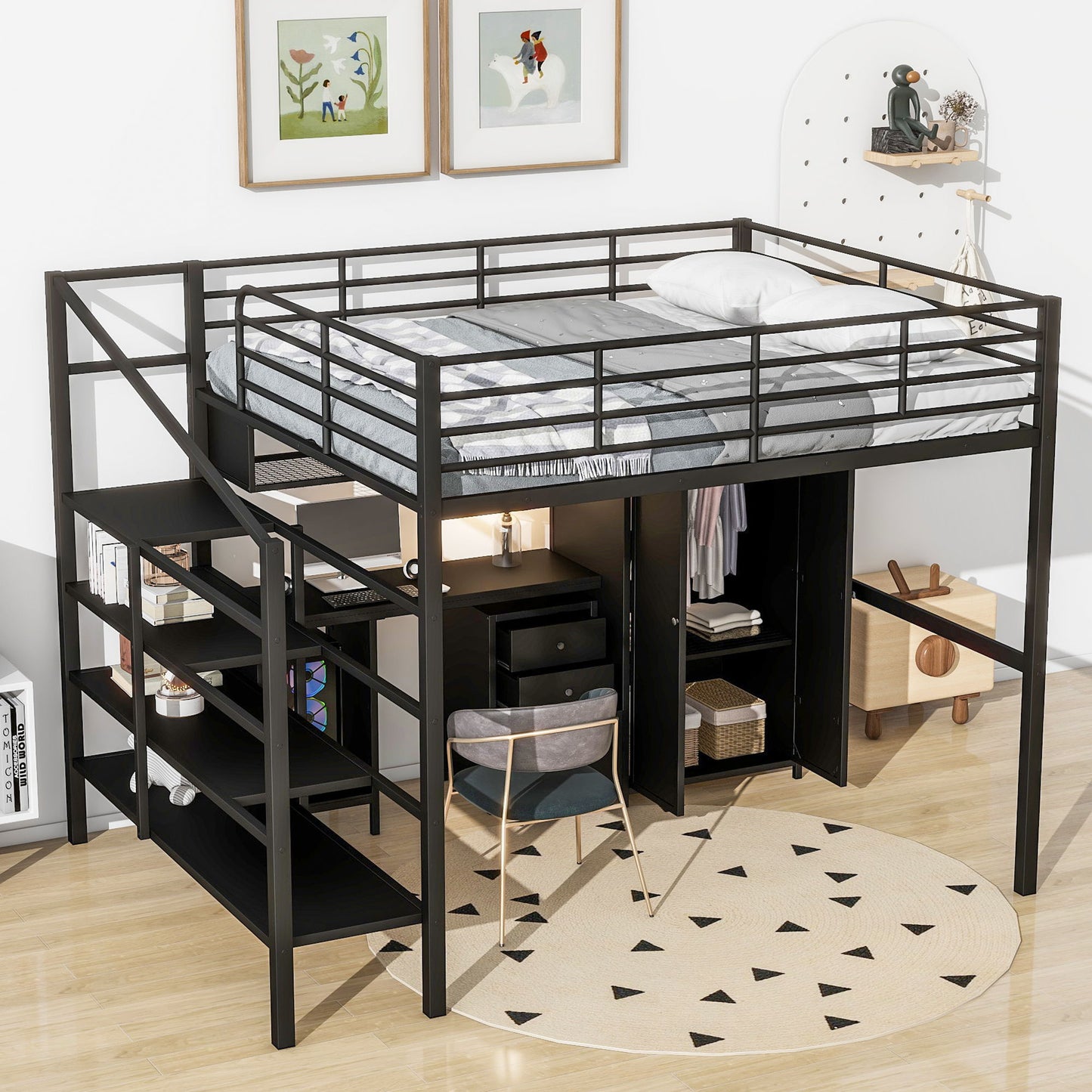 Full Size Loft Bed With Desk Set And Wardrobe - Black Dreamland