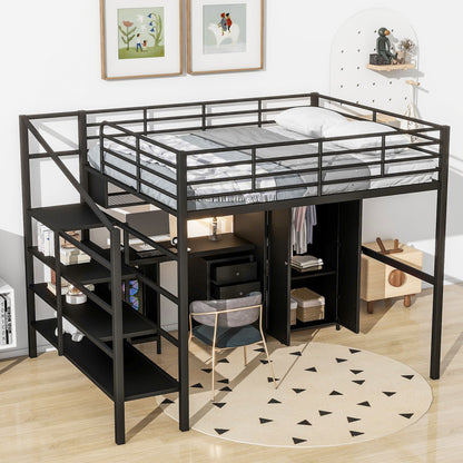 Full Size Loft Bed With Desk Set And Wardrobe - Black Dreamland