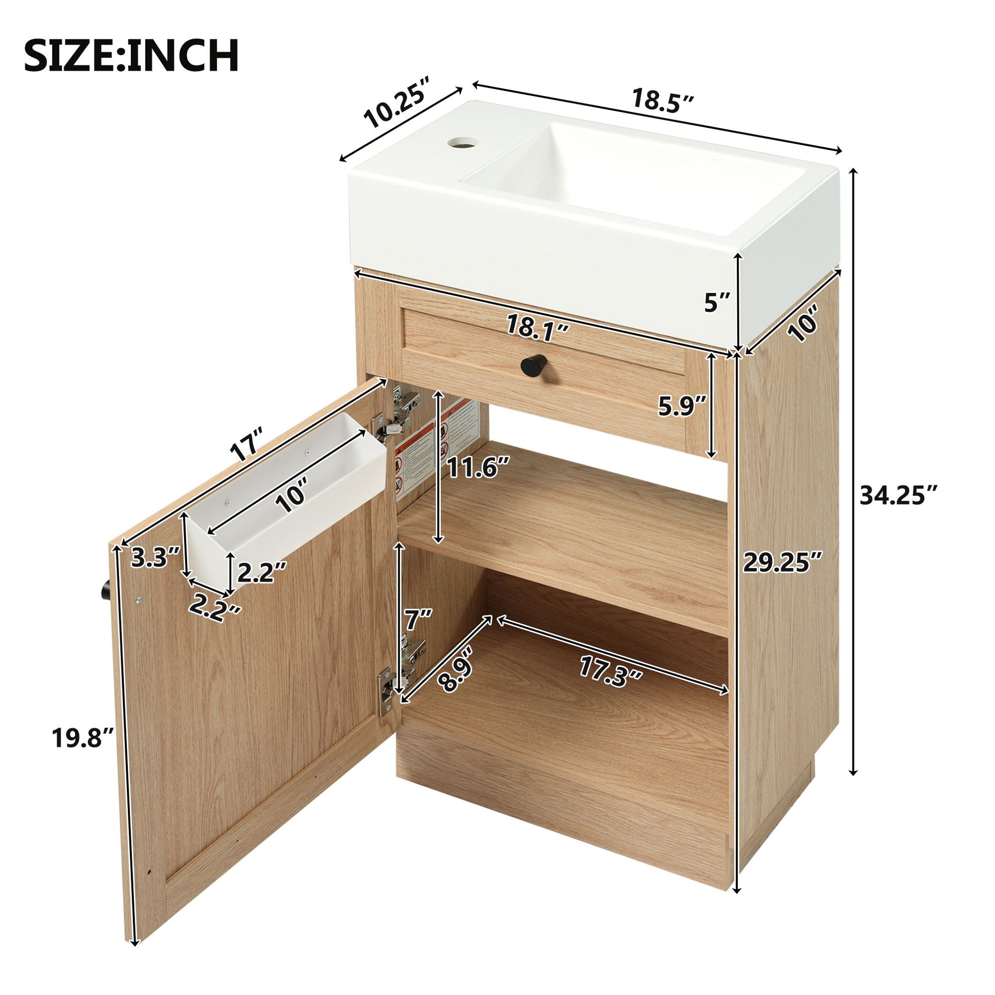 Bathroom Vanity With Reversible Resin Sink, Cabinet & Zinc Alloy Handles - Wood Hearth and Haven