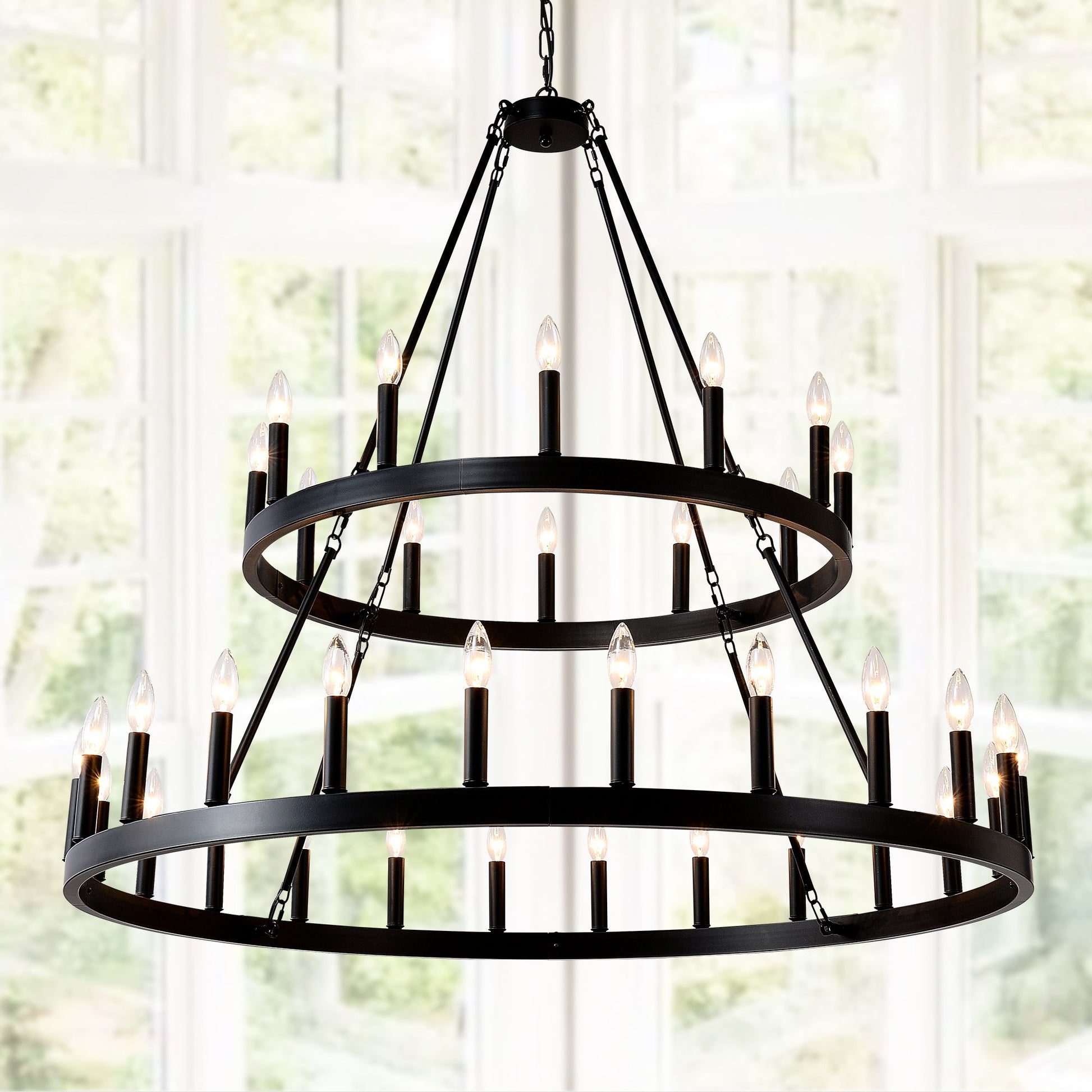 2 Tiers Wagon Wheel Chandelier Wooden Farmhouse 36 Light (24 / 12) Or (12 / 24) Metal Chandeliers 2 Story Light Fixtures Industrial For High Ceiling Living Dining Room Foyer, Adjustable Height - Black Daily Nest