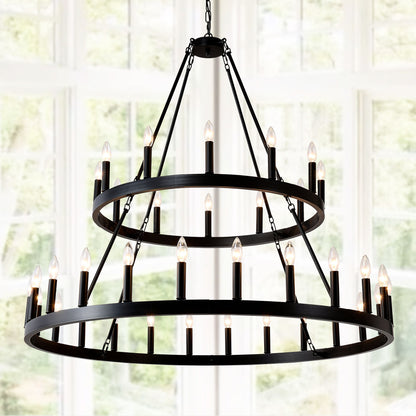 2 Tiers Wagon Wheel Chandelier Wooden Farmhouse 36 Light (24 / 12) Or (12 / 24) Metal Chandeliers 2 Story Light Fixtures Industrial For High Ceiling Living Dining Room Foyer, Adjustable Height - Black Daily Nest