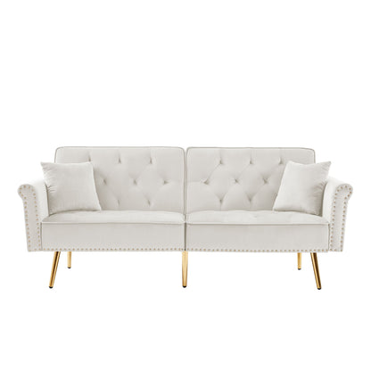 Velvet Tufted Sofa Couch With 2 Pillows And Nailhead Trim