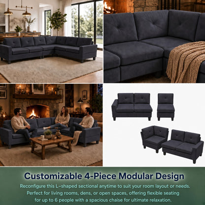 Modular L - Shaped Sectional Sofa 6 Seater 4 Piece Couch With Chaise Home Essentials