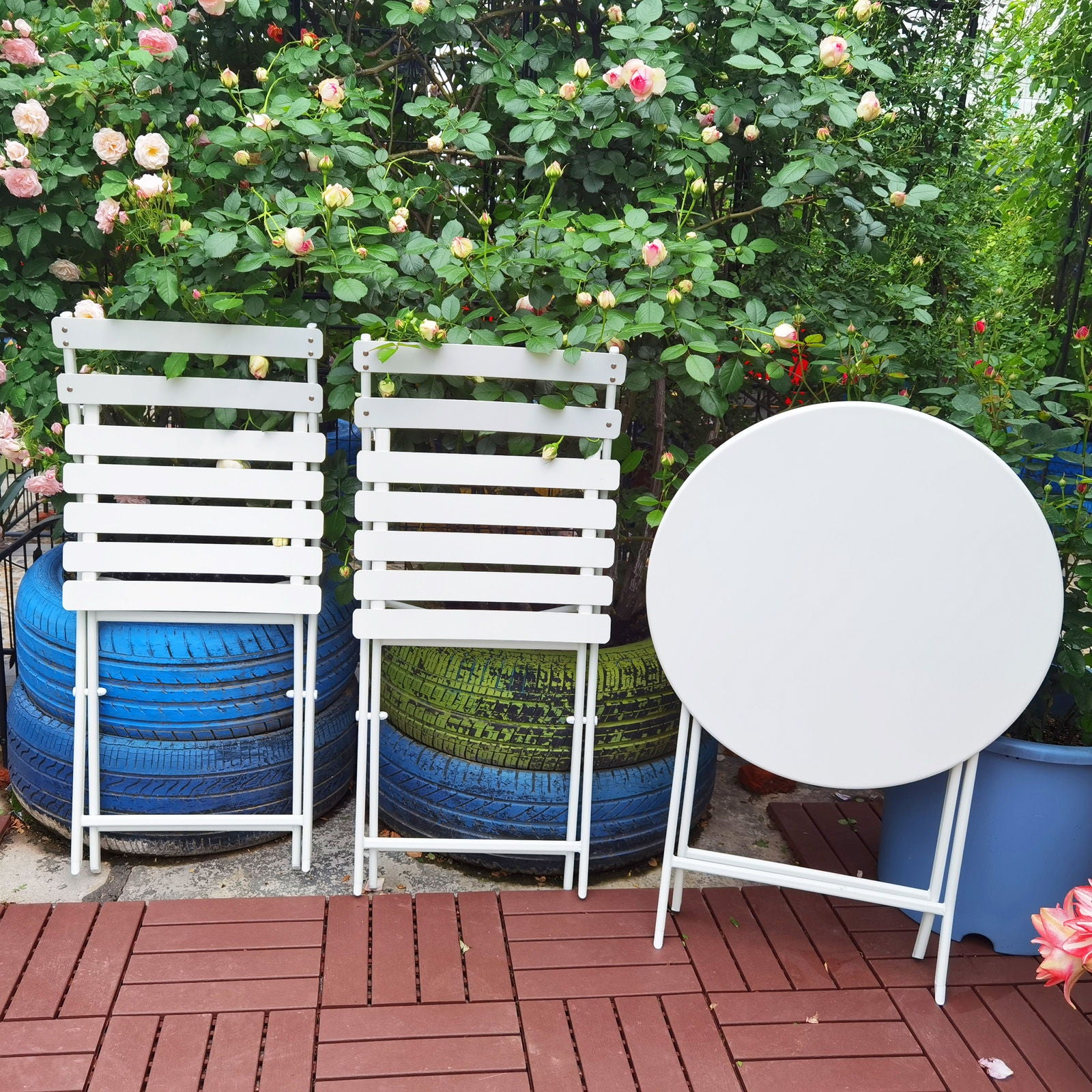 3 Piece Patio Bistro Set Of Foldable Round Table And Chairs Home Essentials