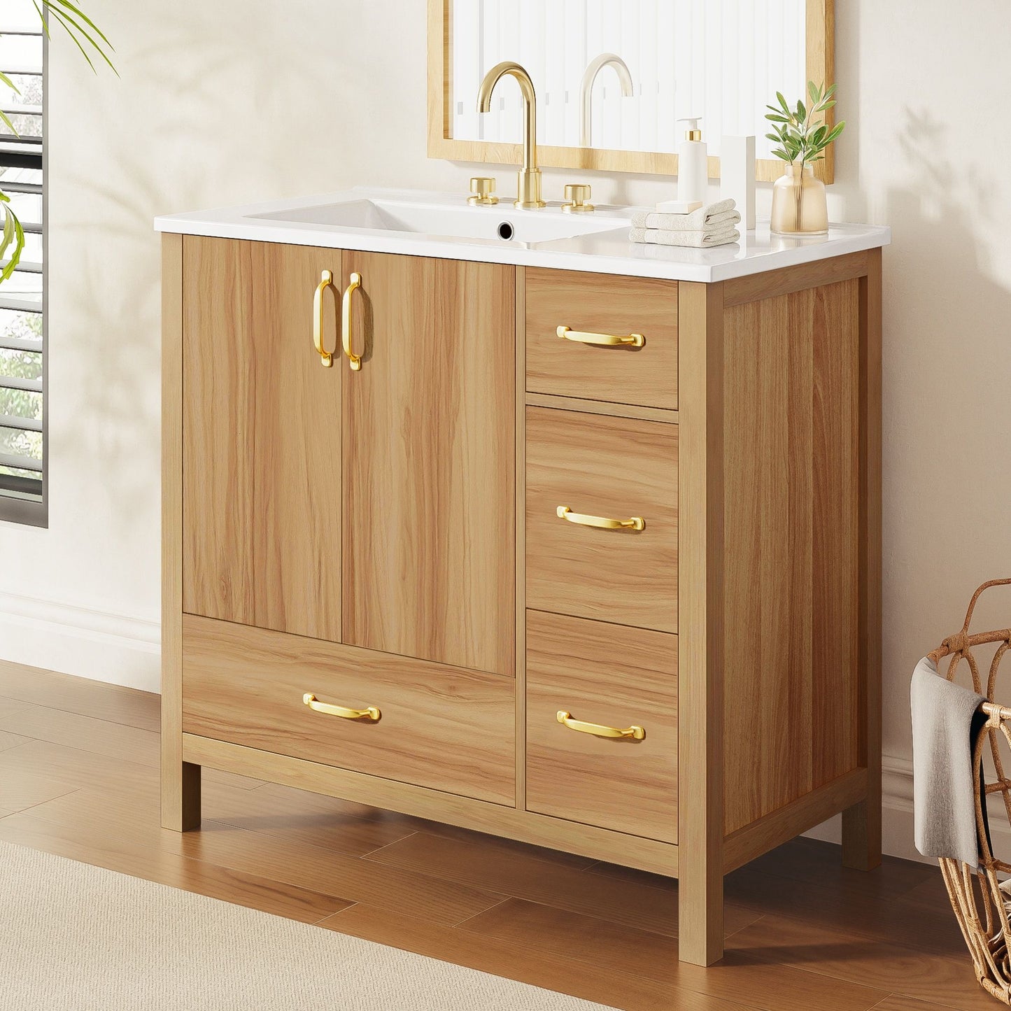 36" Bathroom Vanity, 2 Soft Close Doors, 4 Soft Close Drawers, Adjustable Shelf, Storage Cabinet - Acacia Wood Hearth and Haven