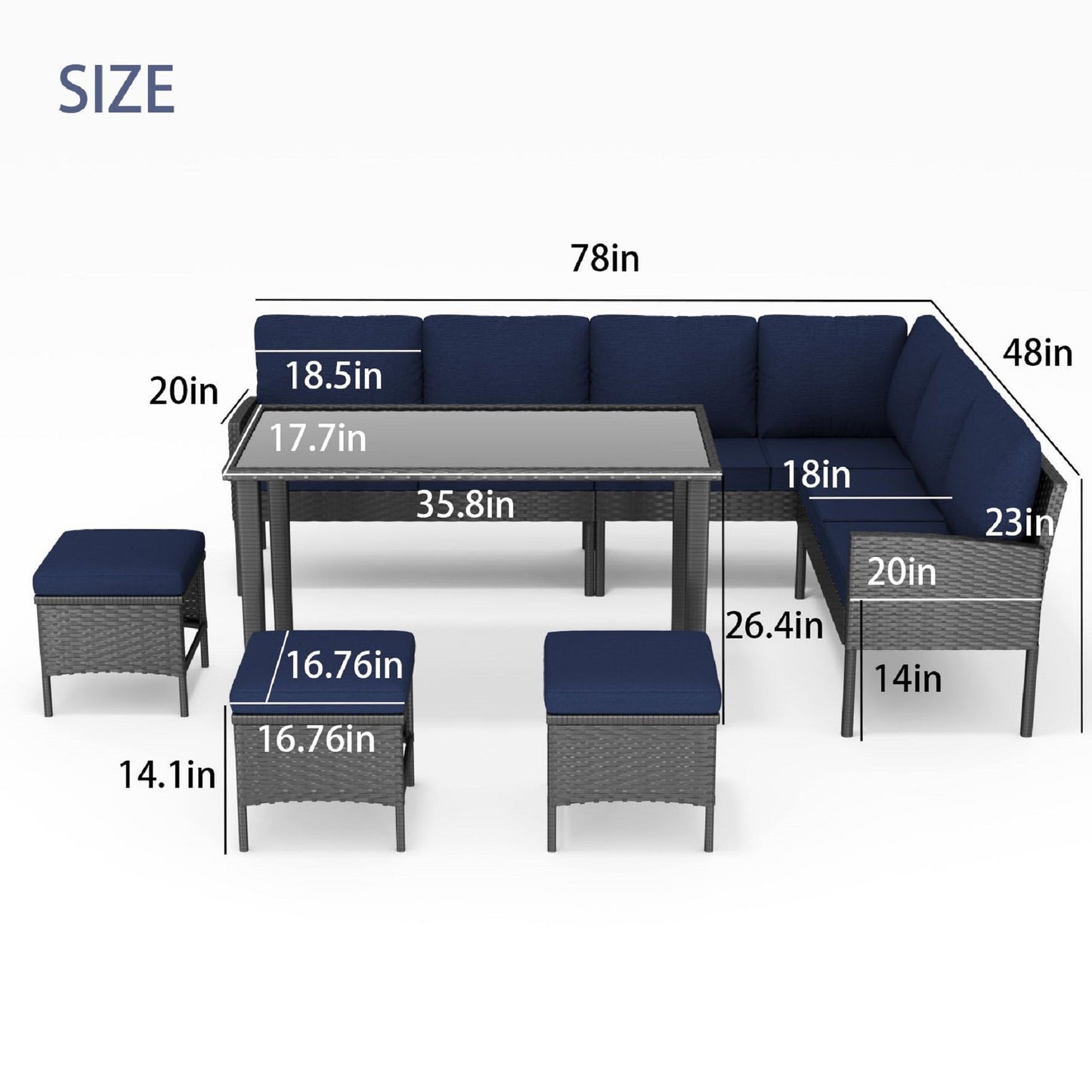 7 Piece Outdoor Furniture Set With Waterproof Cushions, Glass Table, And Space Saving Design - Blue Home Essentials