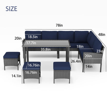 7 Piece Outdoor Furniture Set With Waterproof Cushions, Glass Table, And Space Saving Design - Blue Home Essentials