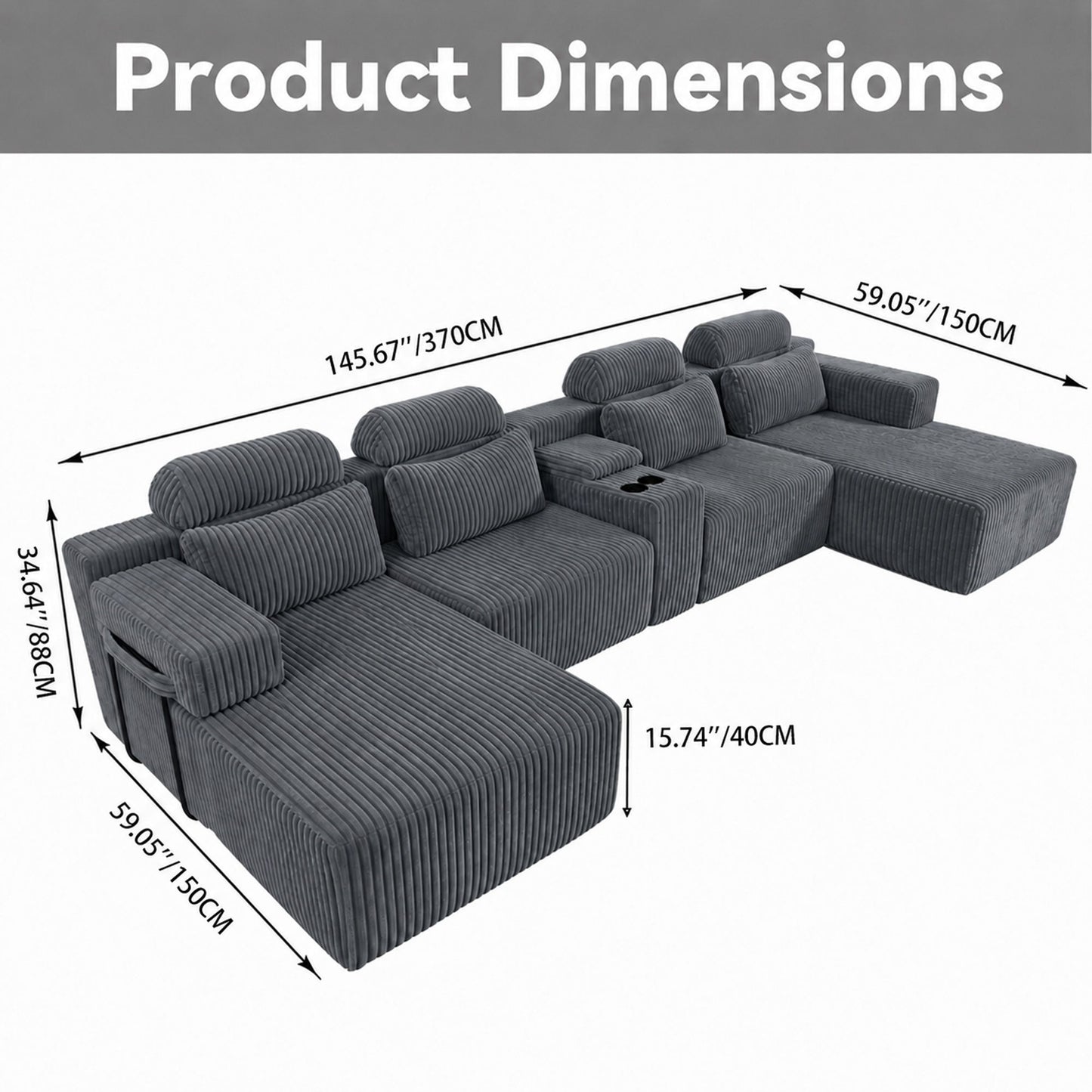 U-Shaped Sectional Sofa With Chaise Lounge And Cup Holders