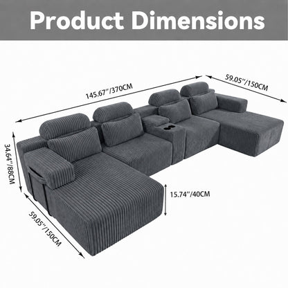 U-Shaped Sectional Sofa With Chaise Lounge And Cup Holders
