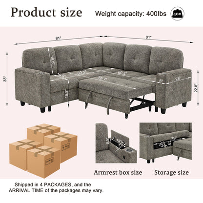 5 Seat Reversible L - Shaped Sleeper Sofa, Pull Out Convertible Sectional Couch With Storage, USB C - Charger, Cup Holders Modular Sofa Bed - Gray Home Essentials