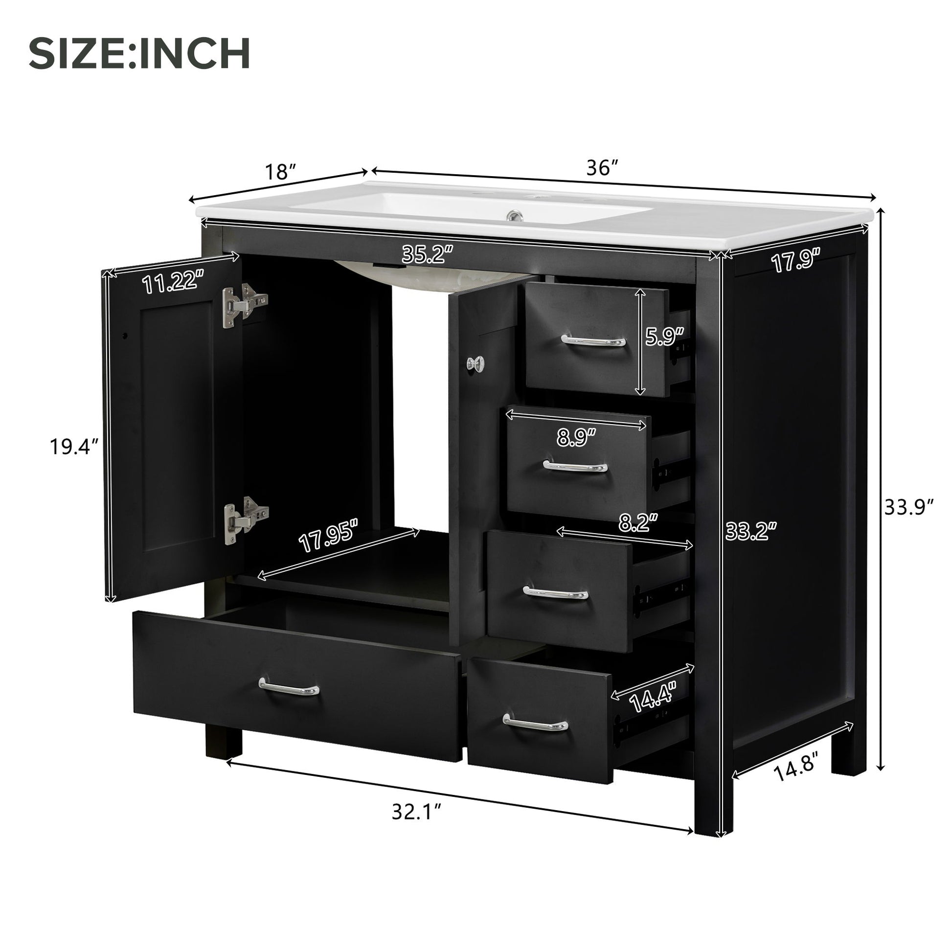 Bathroom Vanity With Ceramic Sink Combo, Abundant Storage Cabinet 2 Soft Close Doors And 5 Drawers Hearth and Haven