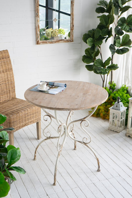 Round Wooden Table With Metal Scrollwork Legs - White Washed Home Essentials