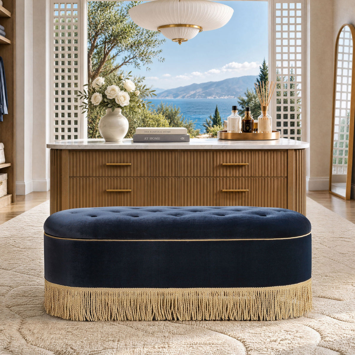 Melinda - Oval Tufted Bullion Fringe Storage Bench Jennifer Taylor Home