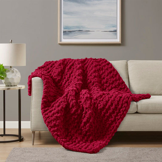 Chenille Chunky Knit - Throw - Red