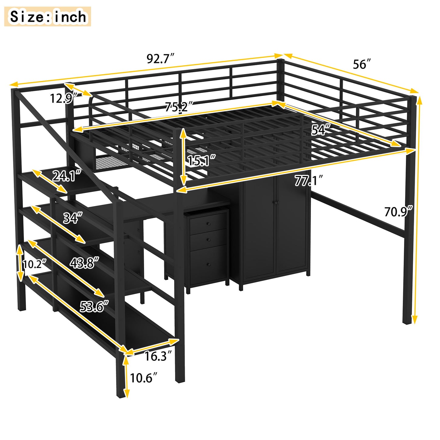 Full Size Loft Bed With Desk Set And Wardrobe - Black Dreamland