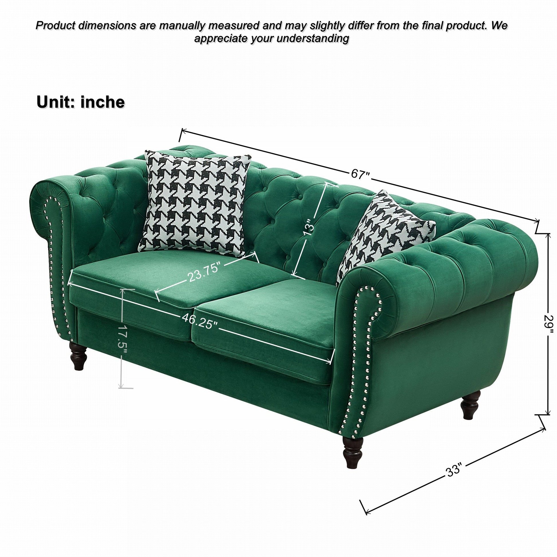 Chesterfield Velvet Fabric Sofa With Roll Armrest And Nailhead, Mid Century 2 Seater Couch Home Essentials
