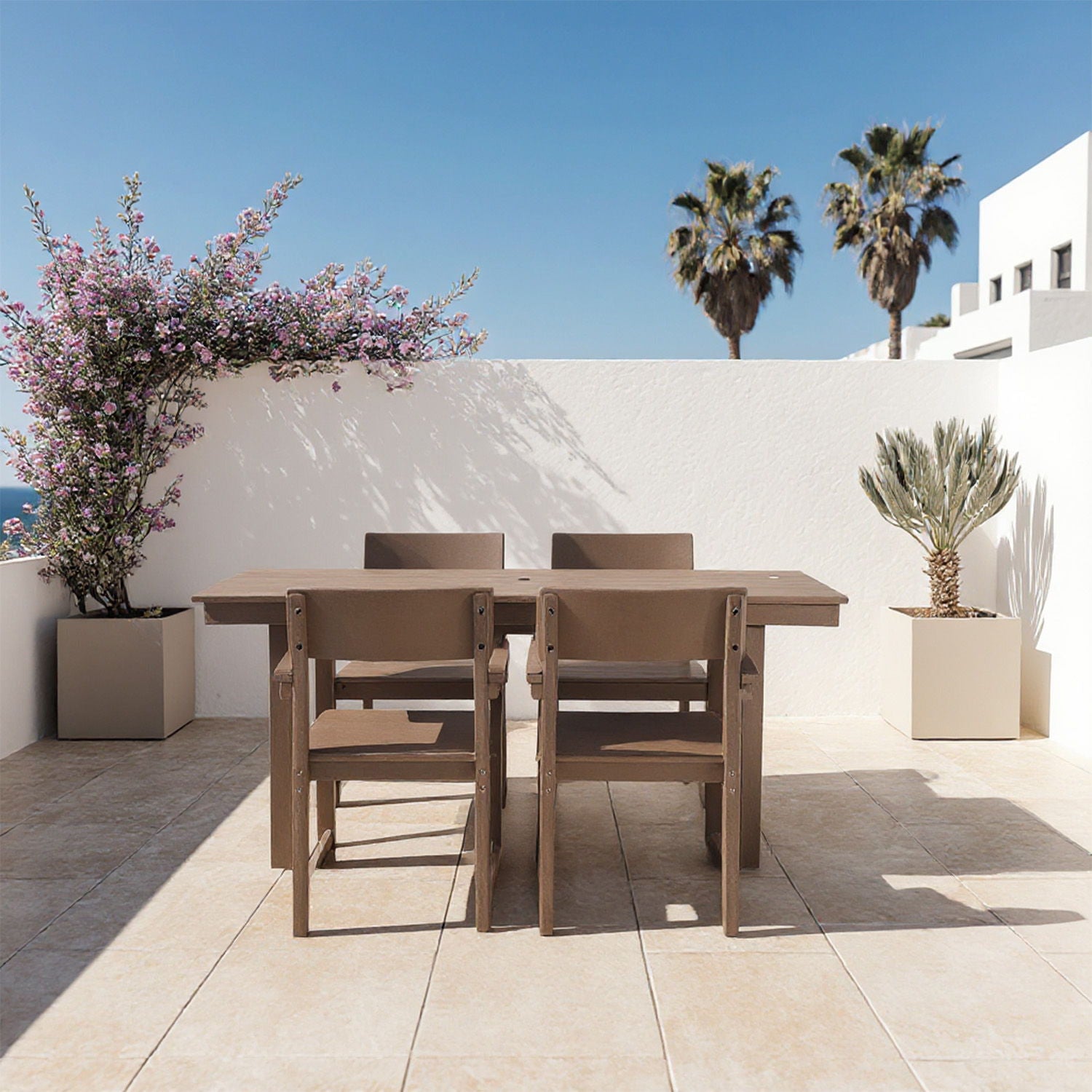 5 Piece Outdoor Dining Set For 4, Patio Table With Umbrella Hole And 4 Armrest Chairs For Backyard, Lawn, Deck, Or Poolside - Brown Home Essentials
