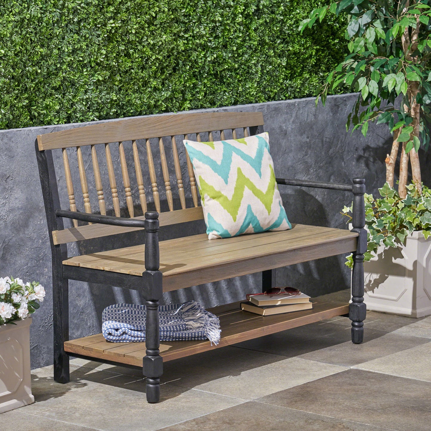 Slatted Bench With Built In Shelf Noble House
