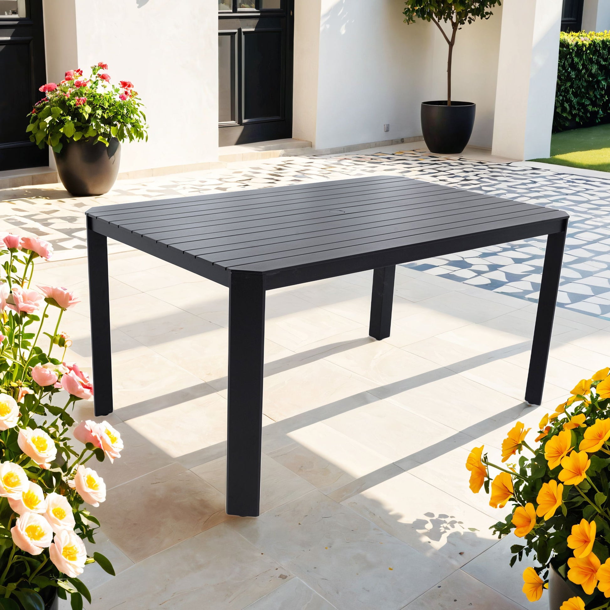 Modern Outdoor Table With Alternating Wide And Narrow Slats, Angled Corners, 2" Big Umbrella Hole, And Adjustable Non Slip Pads - Bourbon Brown Life Outside