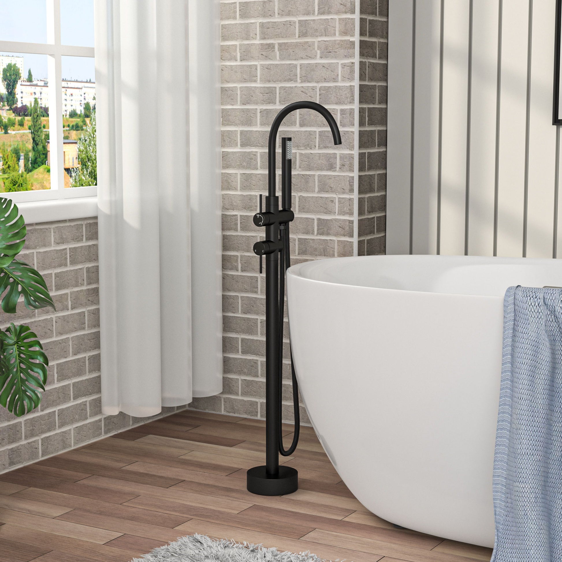 Freestanding Bathtub Faucet Floor Mount Tub Filler With Swivel Gooseneck Spout And Cylinder Handheld Daily Nest