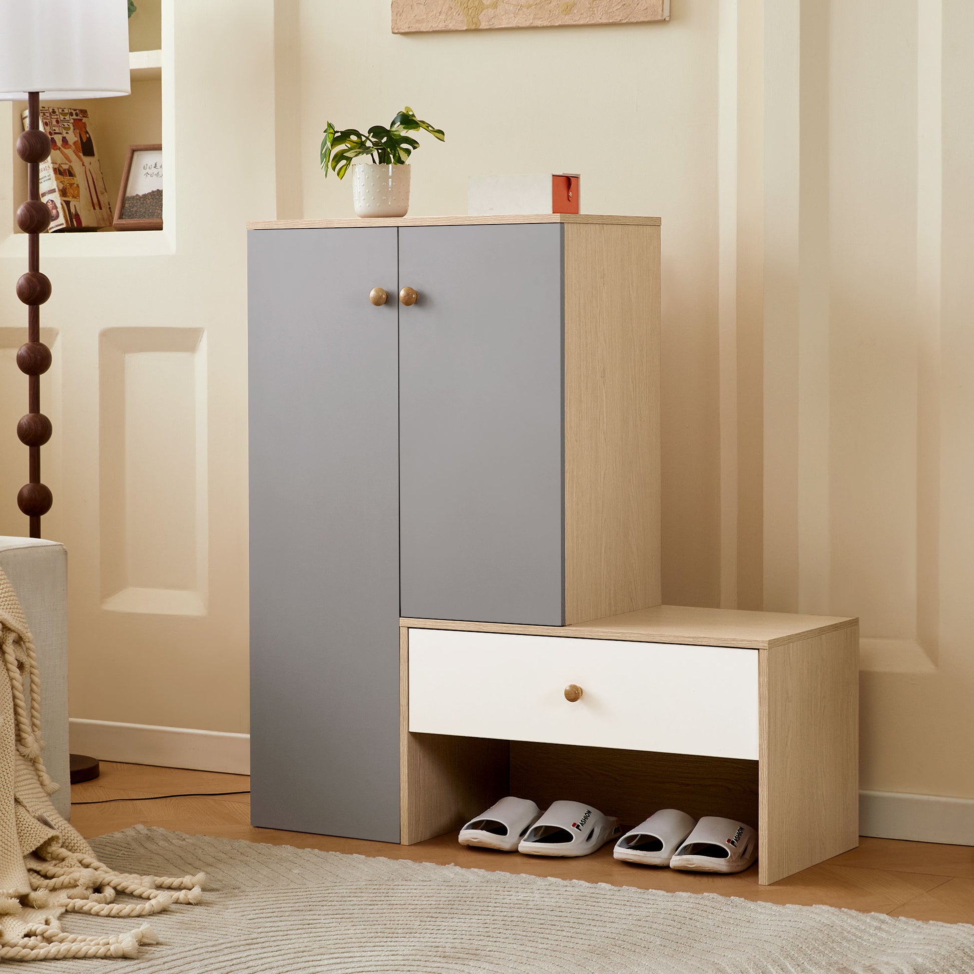 Modern Multi Functional Shoe Storage Bench & Cabinets With Adjustable Shelves - Gray / Natural Wood / White Daily Nest
