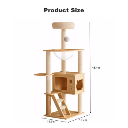 Modern Cat Tower, Wood Cat Tree Tower For Indoor Cats, Cat Tree With Sisal Covered Scratching Posts And Top Perch - Natural / White Daily Nest