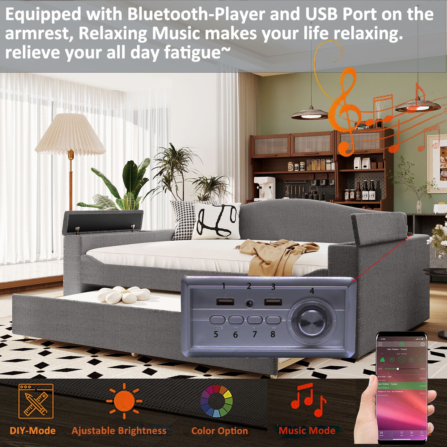 Upholstered Daybed With Storage Armrests, Trundle And Latest Integrated Bluetooth Audio System Halcyon Home