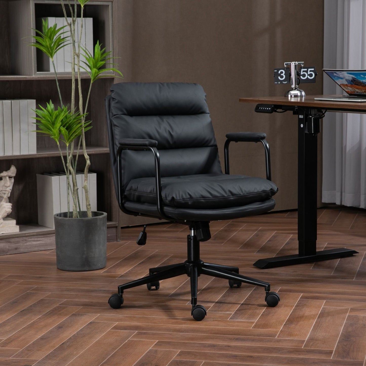 Office Chair, Mid Back Home Office Desk Task Chair With Wheels And Arms Ergonomic PU Leather Computer Rolling Swivel Chair With Padded Armrest Home Essentials