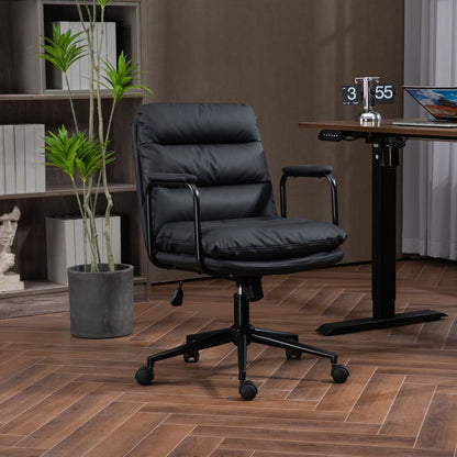 Office Chair, Mid Back Home Office Desk Task Chair With Wheels And Arms Ergonomic PU Leather Computer Rolling Swivel Chair With Padded Armrest Home Essentials
