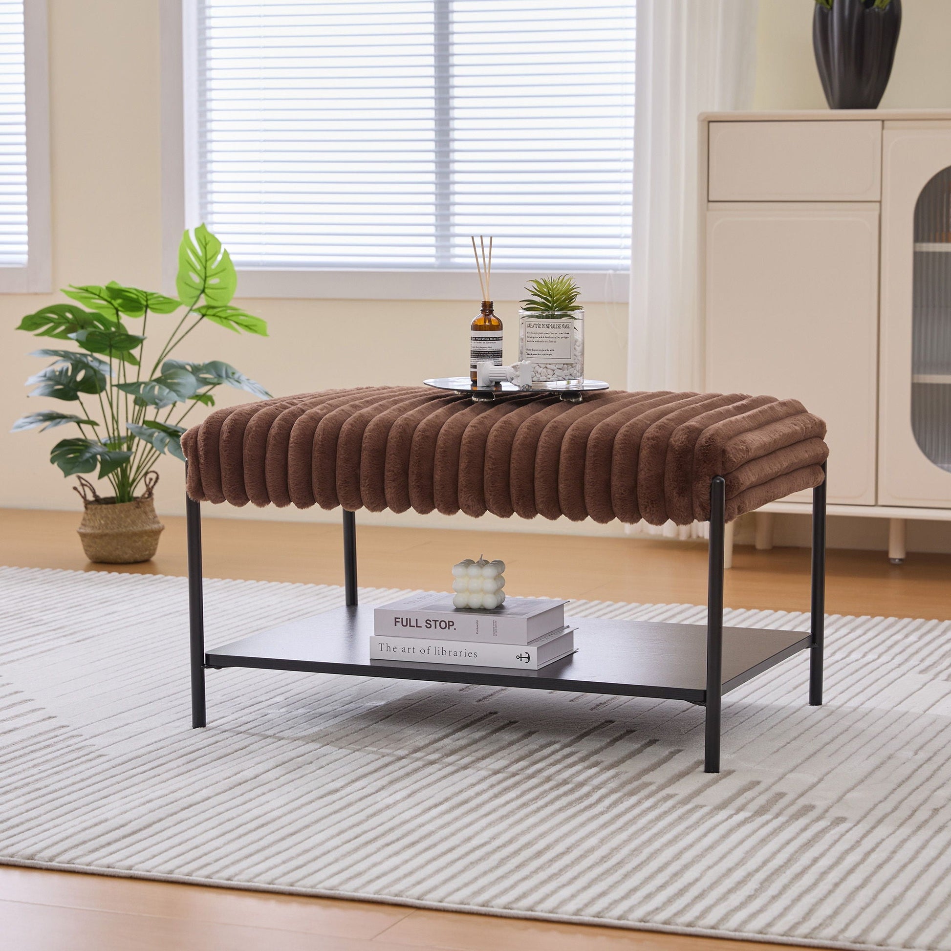 Upholstered Ottoman Coffee Table Foot Rest With Open Storage Home Essentials