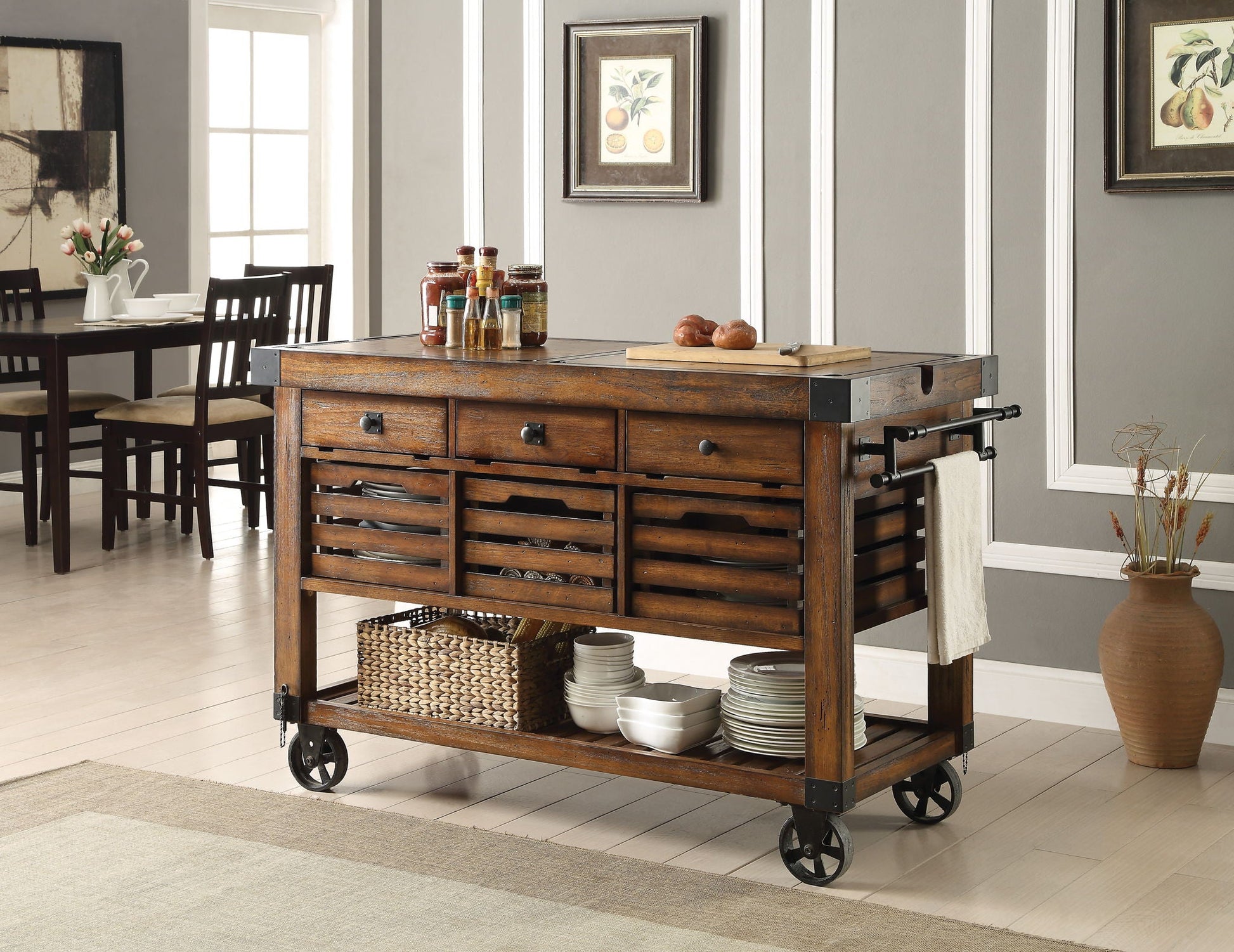 Kaif - Distressed Chestnut Kitchen Cart - Chestnut Acme