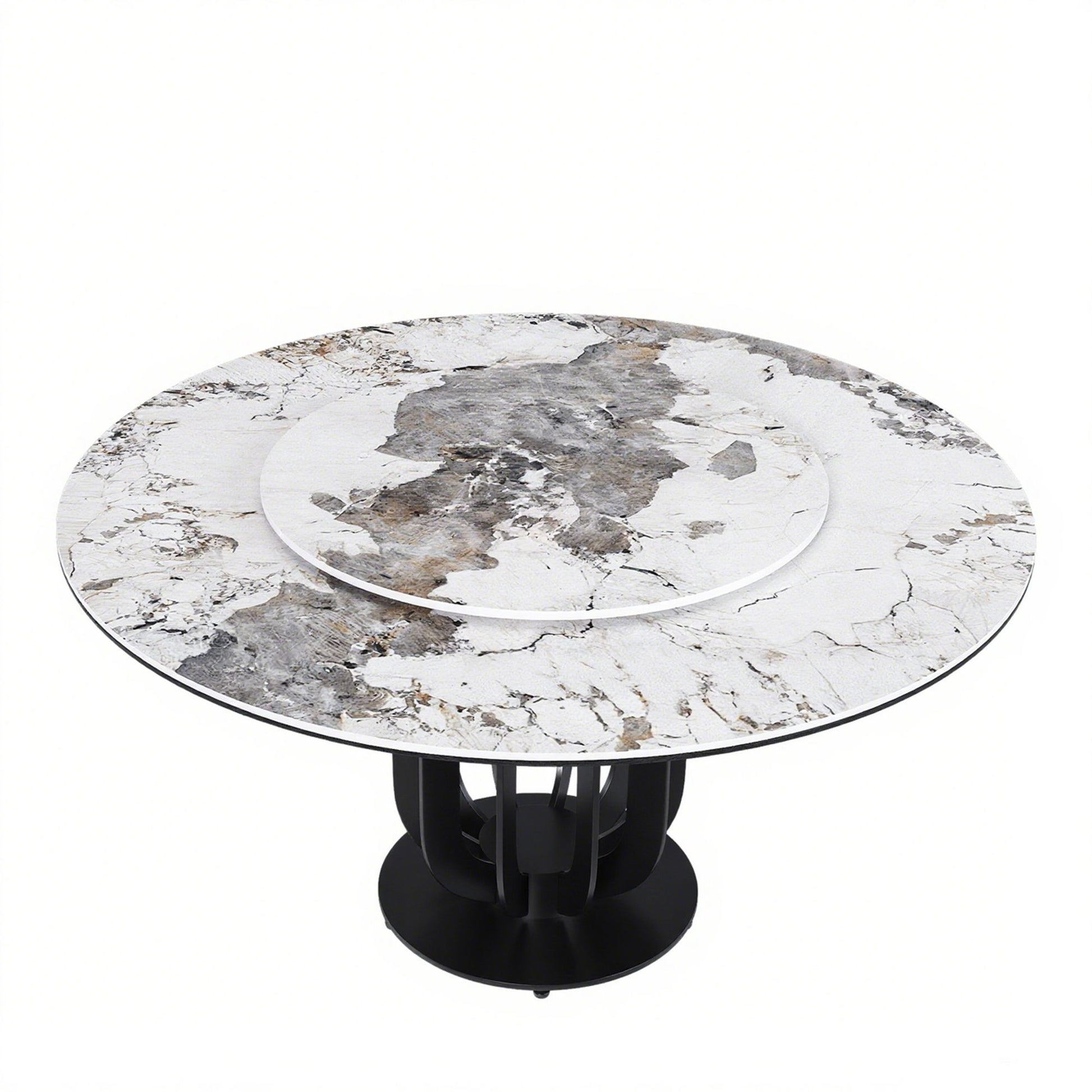 Round Dining Table With Carbon Steel Base And Lazy Susan Industrial Style - Black / White Home Essentials
