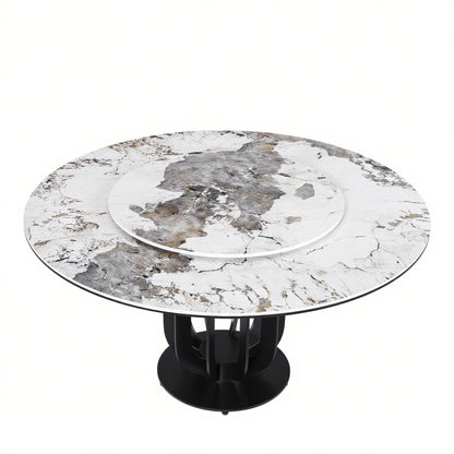 Round Dining Table With Carbon Steel Base And Lazy Susan Industrial Style - Black / White Home Essentials