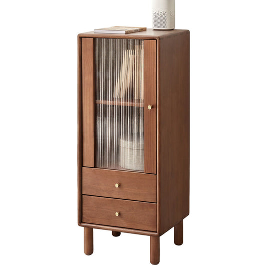 Free-Standing Corner Cabinets Storage Table With Vintage Glass Door, 2 Shelves, 2 Drawers And Brass Handle - Walnut Home Essentials