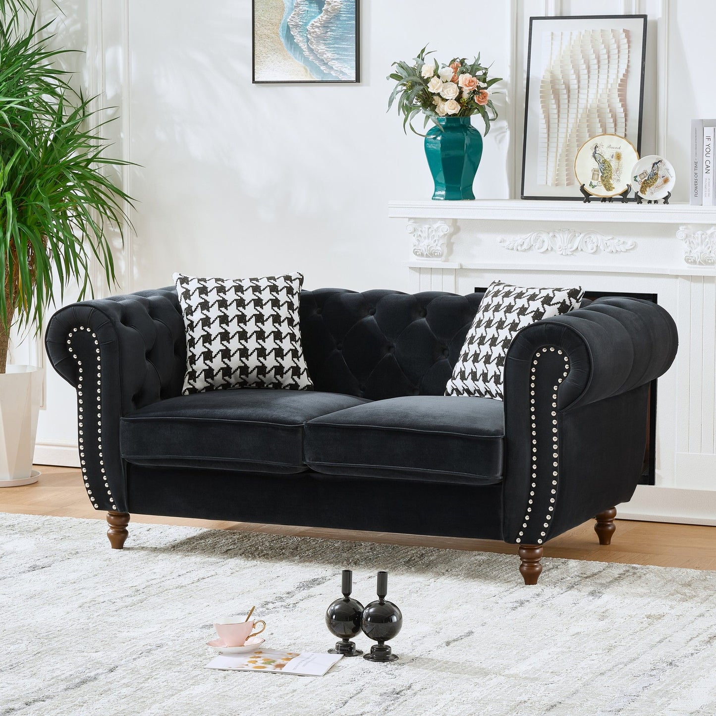 Chesterfield Upholstery Fabric Loveseat With Roll Armrest And Nailhead Home Essentials