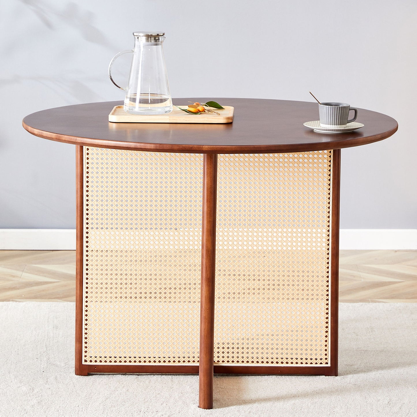 Retro Round Table With Imitation Rattan Rubber Wood - Walnut Home Essentials